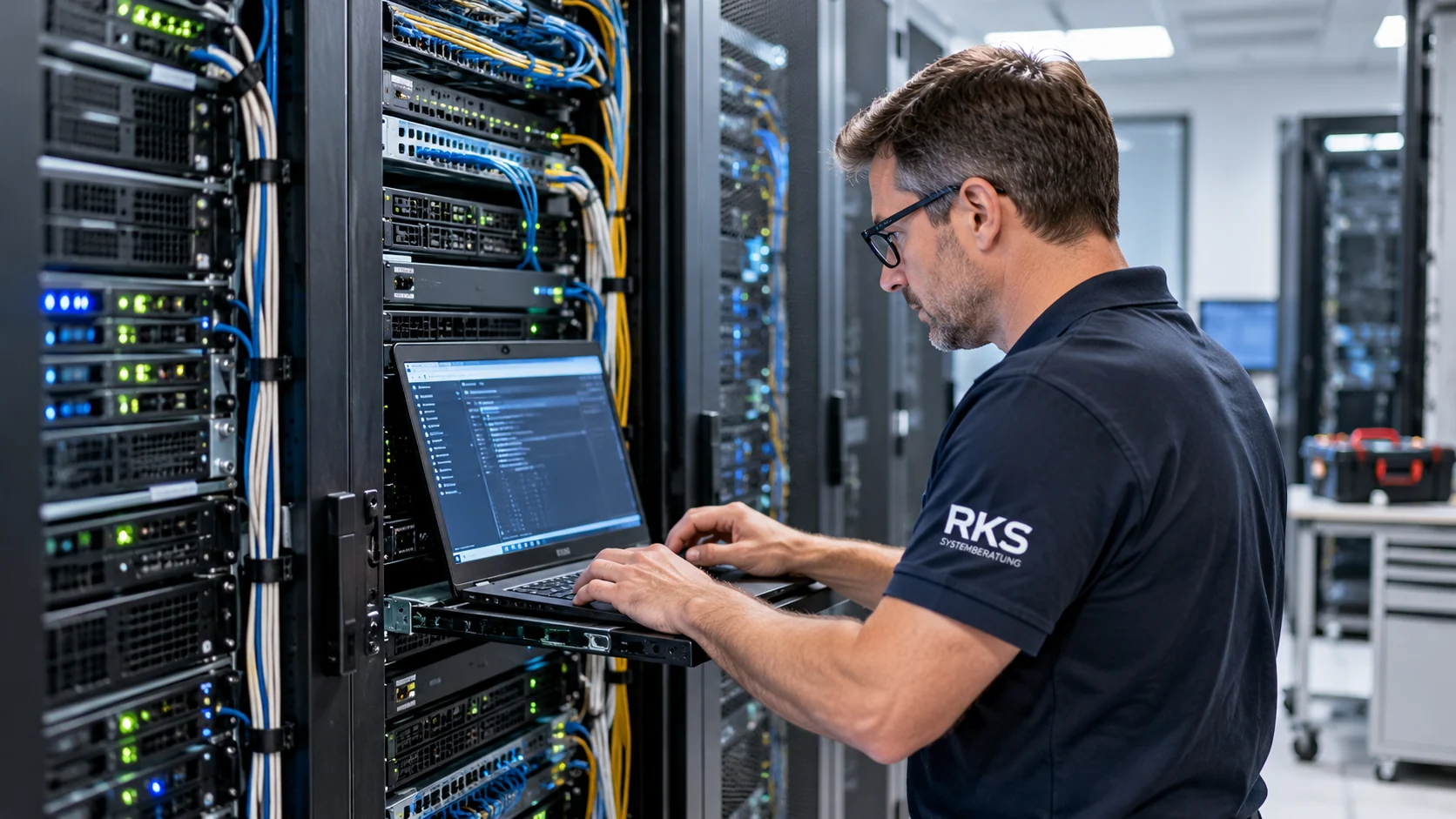 RKS Techniker konfiguriert einen Server im EDV-Raum über ein Notebook