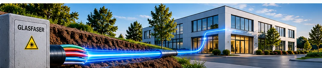 Firmengebäude mit Glasfaseranschluss und leuchtendem Lichtsignal im Glasfaserkabel