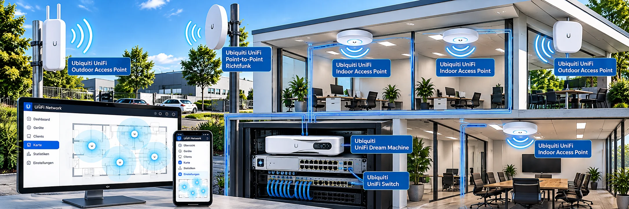 Ubiquiti UniFi WLAN-Netzwerk mit Dream Machine, Indoor- und Outdoor-Access-Points und zentraler Verwaltung