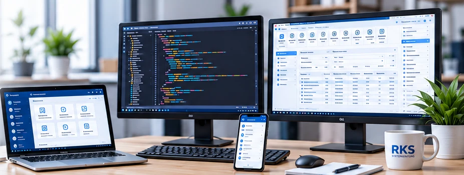 Softwareentwicklung mit Programmcode, ERP-Anwendung und mobiler Oberfläche